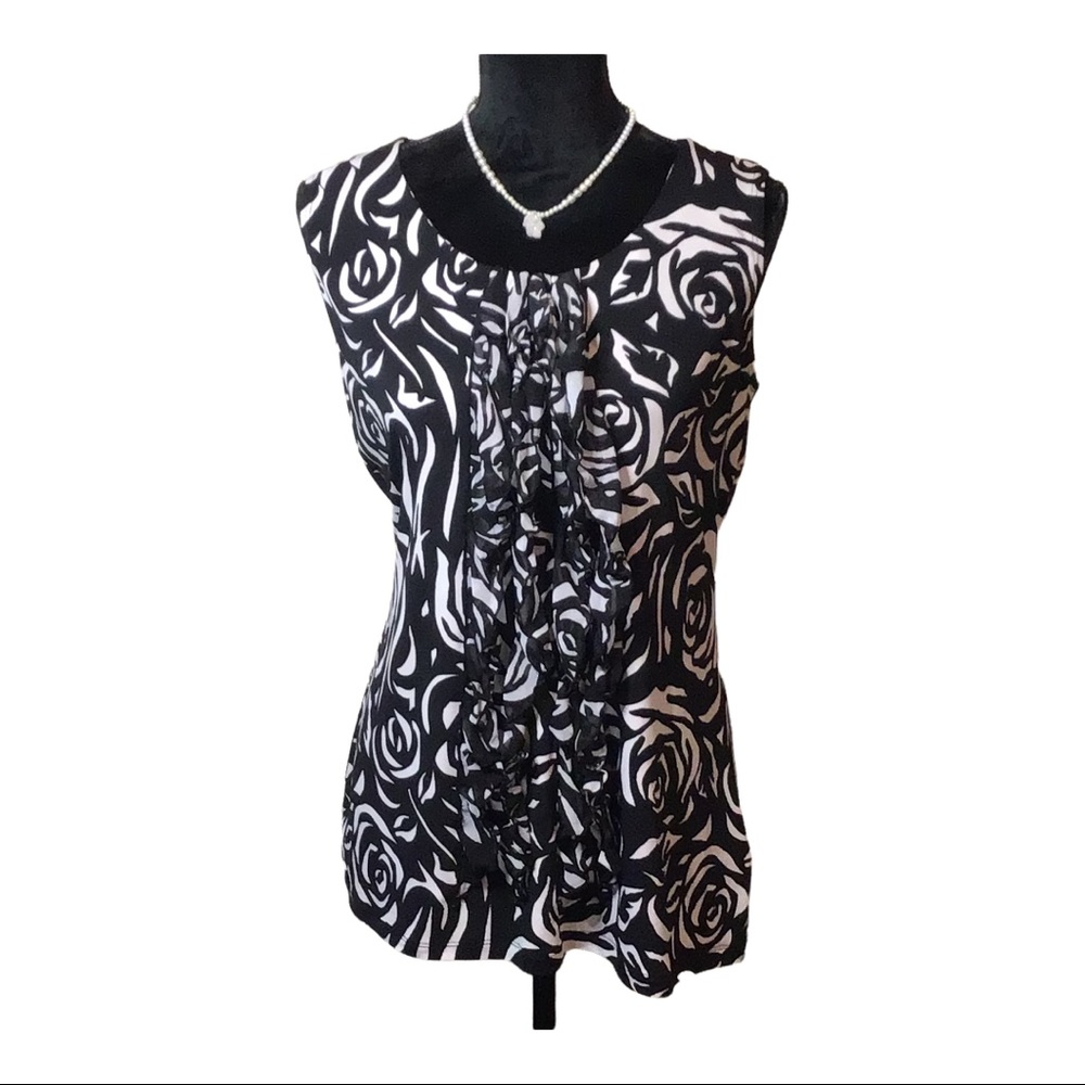 Tribal Black & White Ruffle Sleeveless Blouse Size Medium